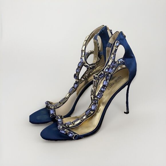Nine West Jewel Embellished Blue Velvet High Heels Size 8 1/2 Women’s  3” Heel - Picture 4 of 7